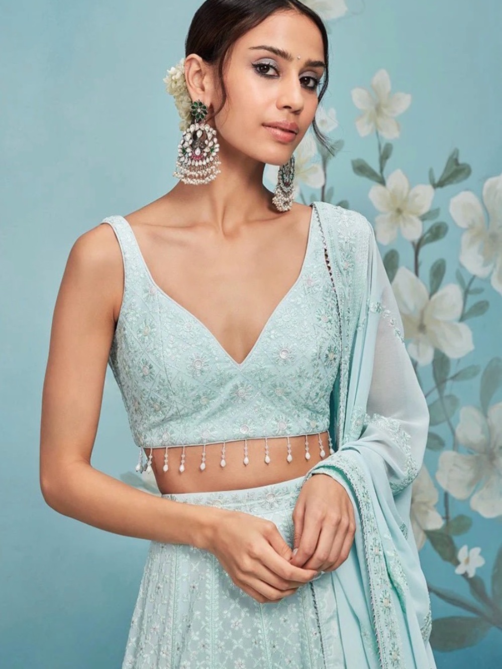 Sea Green Thread Embroidered Lehenga - Picture 2 of 4
